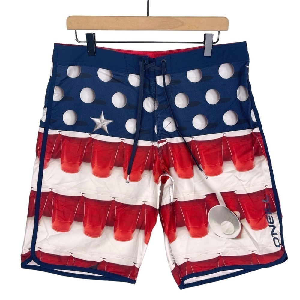 Oneill Hyperfreak Boardshorts Mens 33 x Beer Pong Print USA America Stretch Red